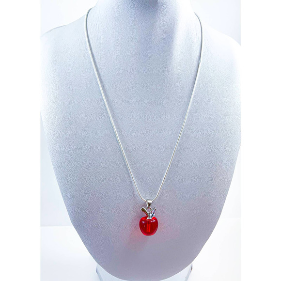Red Glass Apple Pendant with Rhinestone Leaf - Sterling Silver Plated Chain - Picture 8 of 8